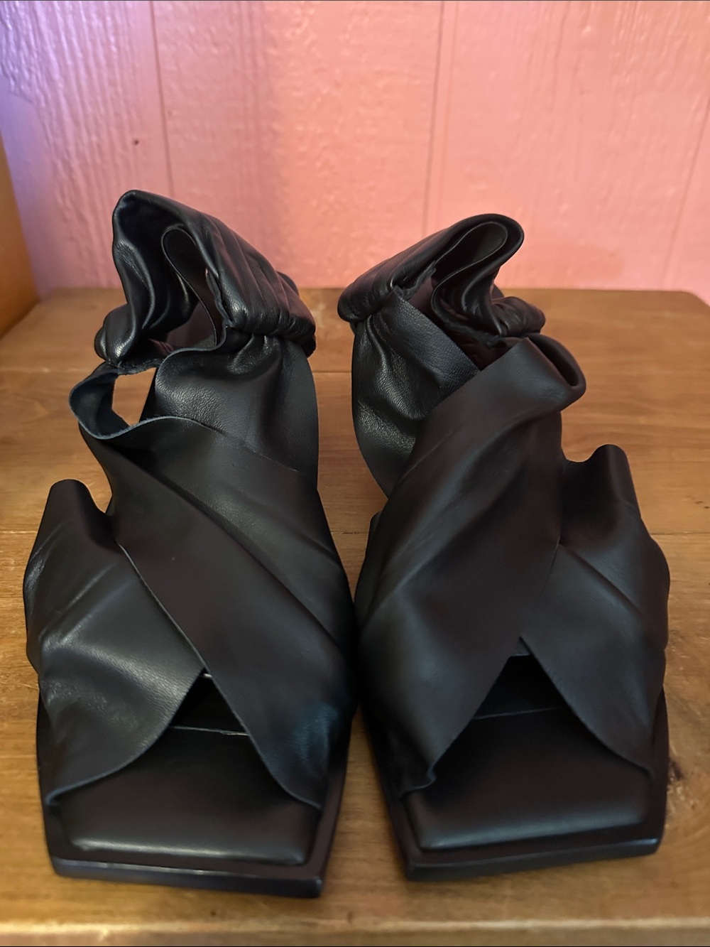 Black Ruched Leather Square-Toe Heels